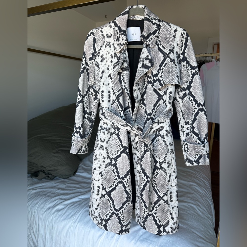 Mango Snake Print Trench Coat Black & Gray Animal Print Jacket XXS Mob Wife Y2K